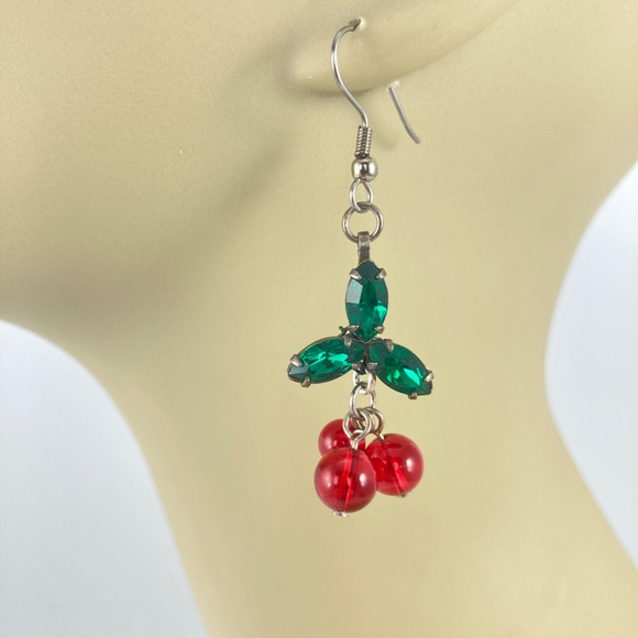 Holly Earrings, Handmade, Vintage Crystals & Glass Beads, Cherry Earrings - Picture 1 of 10